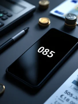 Zwarte zakelijke smartphone met 085-nummer op bureau met eurobankbiljetten, munten en calculator voor zakelijke telecomkosten