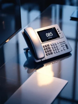 Premium zakelijke telefoon met 085 nummer op modern bureau met laptop en notitieblok, professionele verlichting