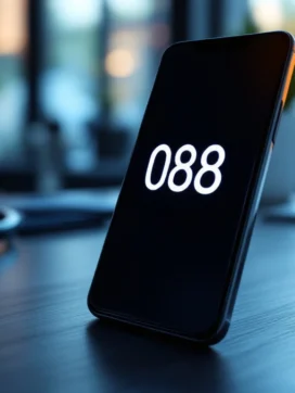 Smartphone toont 088 nummer op scherm, op bureau met headset en kantoorbenodigdheden in modern Nederlands kantoor