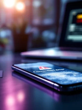 Smartphone met bevroren banking-app en rode foutmelding naast betaalpas op bureau met laptop op achtergrond