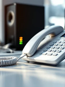 Losgekoppelde witte zakelijke bureautelefoon op kantoorbureau met netwerkkabels en router met waarschuwingslampjes op achtergrond