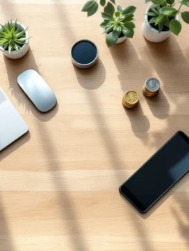 Bureauwerk met calculator, euromuntenstapels en laptop op houten bureau voor financiële planning en budgettering
