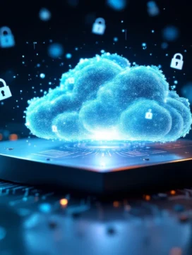 Metalen schild met circuitpatronen onder gloeiende kristallijne datawolk met zwevende hangsloten en versleutelde datastromen