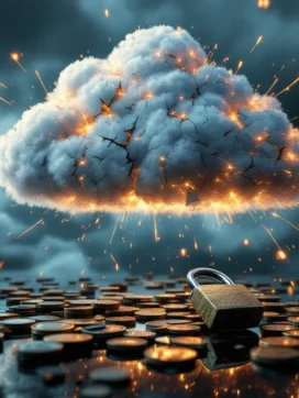 Wolkformatie die uiteenvalt met vonkende glasvezelkabels, gebroken hangslot en vallende euromuntjes op glas
