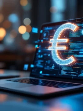 Gloeiend holografisch euroteken boven laptop met cloud infrastructuur code, symboliseert cloud engineering kosten