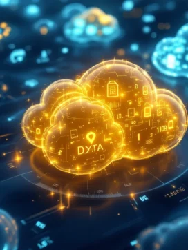 Gouden cloudopslagcontainer omringd door blauwe transparante datawolken met capaciteitsindicatoren in digitale ruimte
