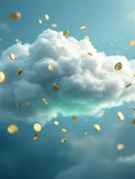 Witte wolk die overgaat in glazen spaarvarken met gouden munten en eurosymbolen tegen blauwe lucht