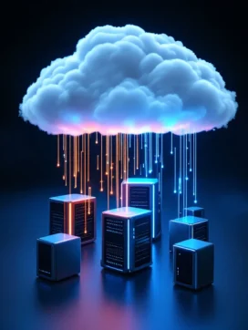 Witte wolk van damp boven verlichte serverracks met blauwe en oranje datastromen die cloudopslag symboliseren