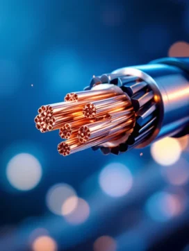 Koperen coaxiale kabel met dwarsdoorsnede toont gevlochten metaal en geleider tegen blauwe achtergrond
