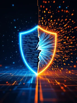 Gesplitst beeld van digitaal schild tegen cyberaanval links en datalek met binaire code rechts in blauw-oranje contrast

