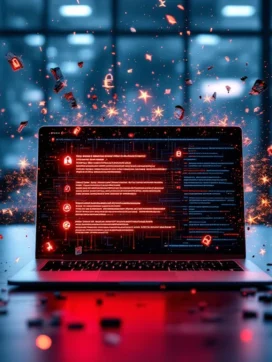 Laptop met rode waarschuwingssymbolen en digitale vernietiging door cyberaanval in modern kantoor