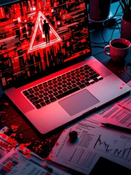 Chaotisch bureau na cyberaanval met laptop met waarschuwingen, gemorste koffie op rapporten en noodmeldingen op smartphone
