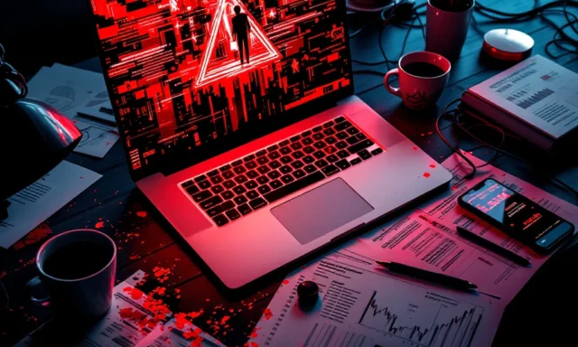 Chaotisch bureau na cyberaanval met laptop met waarschuwingen, gemorste koffie op rapporten en noodmeldingen op smartphone
