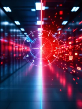 Serverruimte voor en na cyberaanval: blauwe verlichting verandert in rood met waarschuwingsindicatoren en klok