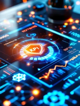 Modern dashboard met cybersecurity KPI's, grafieken en beveiligingssymbolen in blauw en oranje tinten op bureau