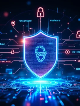 Digitaal beveiligingsschild omringd door holografische cyberdreigingssymbolen in blauw en cyaan kleurenschema