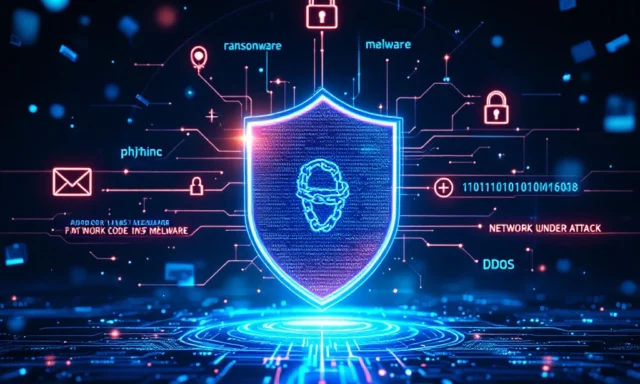 Digitaal beveiligingsschild omringd door holografische cyberdreigingssymbolen in blauw en cyaan kleurenschema