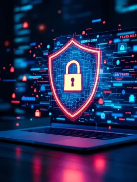 Digitaal beveiligingsschild met hexagonale patronen beschermt laptop tegen cyberaanvallen op bureau