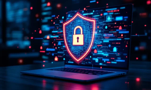 Digitaal beveiligingsschild met hexagonale patronen beschermt laptop tegen cyberaanvallen op bureau