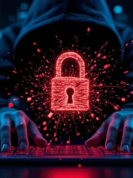 Digitaal hangslot breekt uiteen in rode deeltjes terwijl hacker achter verlicht toetsenbord werkt met kwaadaardige code