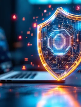 Digitaal holografisch schild beschermt laptop tegen cyberdreigingen op modern bureau met blauwe verlichting