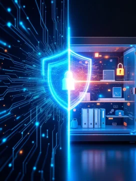 Digitaal schild met cybersecurity netwerk naast transparante kluis met informatiebeveiligingselementen in blauw en oranje