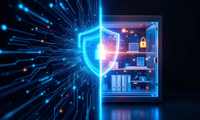 Digitaal schild met cybersecurity netwerk naast transparante kluis met informatiebeveiligingselementen in blauw en oranje
