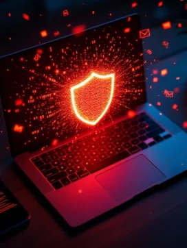 Laptop met gefragmenteerd beveiligingsschild-hologram in rood waarschuwingslicht, smartphone met beveiligingsmeldingen ernaast