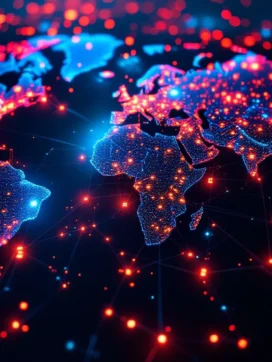 Wereldkaart met rode cyberdreigingen en oranje waarschuwingen geconcentreerd rond Nederland op donkerblauwe achtergrond