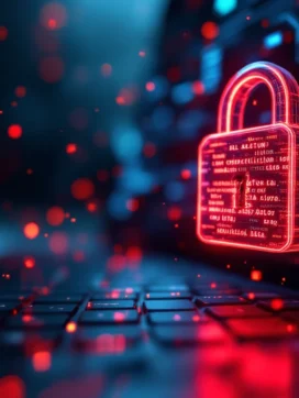 Gloeiend rood digitaal hangslot boven toetsenbord met corrupte code en beveiligingsschermen onder cyberaanval
