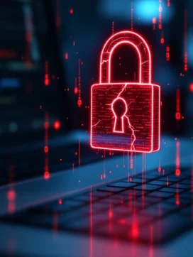 Gekraakte rode digitale hangslot hologram boven toetsenbord met binaire code, cyberbeveiliging waarschuwing