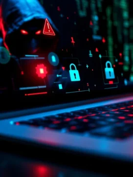Laptop toetsenbord met digitale waarschuwingssymbolen en dreigende silhouet op scherm in rood licht, cybersecurity concept