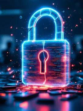 Gebroken digitaal hangslot hologram met rode waarschuwingen en datalekken boven kwetsbare apparaten in kantoor
