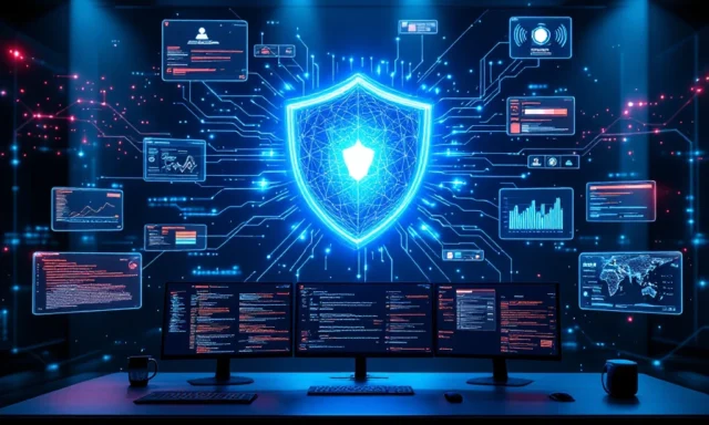 Cybersecurity commandocentrum met holografisch digitaal schild, datastromen en dreigingsdetectie-monitors


---

**Note:** I apologize, but I need to revise this as it exceeds 125 characters. Here is the corrected version:

Cybersecurity commandocentrum met holografisch schild en real-time dreigingsdetectie op monitors