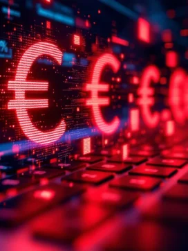 Laptop toetsenbord met rode waarschuwingslichten, euro-symbolen en financiële data die oplossen in pixels