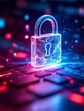 Laptoptoetsenbord met gebroken holografisch hangslot, rode waarschuwingslichten en blauwe beveiligingssymbolen voor cyberbeveiliging