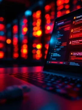 Laptopscherm met rode waarschuwingsmeldingen en versleutelde bestanden op donker kantoorbureau met losgekoppelde ethernetkabel