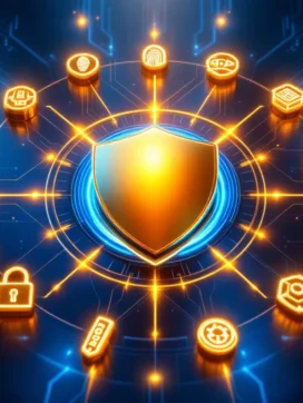 Gouden schild embleem omringd door tien gloeiende cybersecurity iconen op donkerblauwe metalen ondergrond.