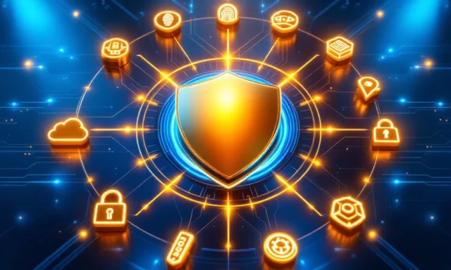 Gouden schild embleem omringd door tien gloeiende cybersecurity iconen op donkerblauwe metalen ondergrond.