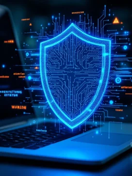 Digitaal beveiligingsschild met blauwe circuitpatronen boven laptop toetsenbord in modern kantoor