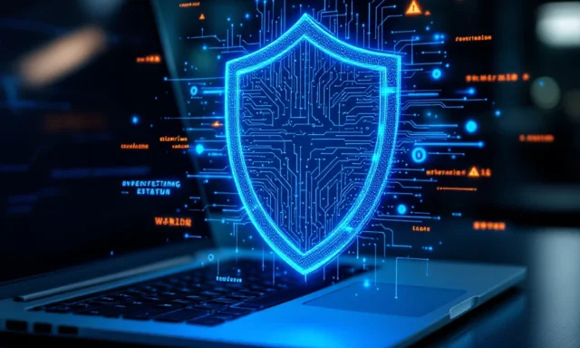 Digitaal beveiligingsschild met blauwe circuitpatronen boven laptop toetsenbord in modern kantoor