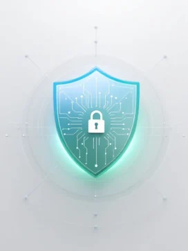Geometrisch schild-icoon met circuitpatronen en hangslot, omringd door netwerkringen op grijswitte achtergrond