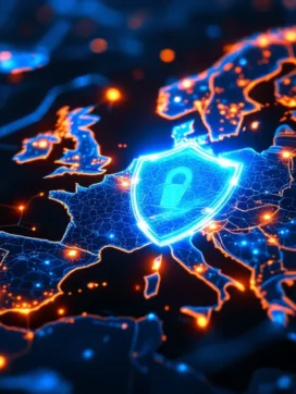 Digitaal beveiligingsschild met hexagonale patronen boven verlicht netwerk van glasvezelkabels over Europese kaart