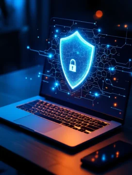Holografisch beveiligingsschild met slotpatroon projecteert vanaf laptop op bureau met blauwe datastromen