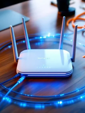 Witte draadloze router met blauwe LED-indicatoren op bureau, omringd door blauwe en oranje glasvezelkabels en ethernetkabels
