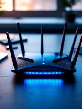 Draadloze router met blauwe LED-verlichting op bureau omringd door laptop, smartphone en tablet met ethernetkabels
