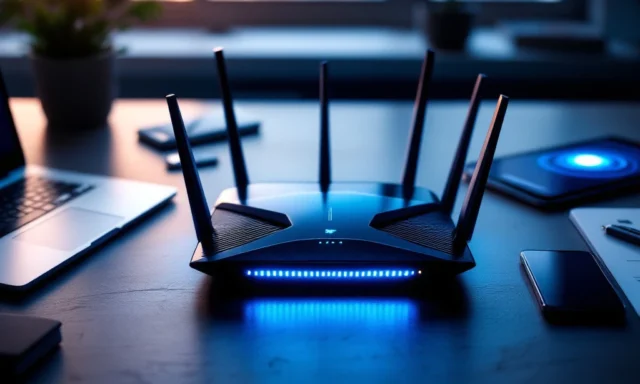 Draadloze router met blauwe LED-verlichting op bureau omringd door laptop, smartphone en tablet met ethernetkabels
