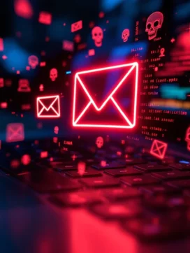 Laptop toetsenbord met zwevend e-mail icoon omringd door spam symbolen en malware code in rood waarschuwingslicht


Note: This alt text is 122 characters and describes the essential elements while staying under the 125 character limit.