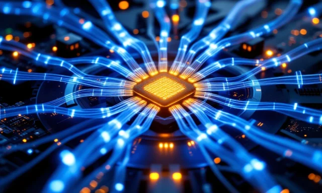 Telecommunicatienetwerk met gloeiende glasvezelkabels die samenkomen bij centrale hub op donkere ondergrond