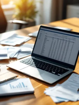 Laptop met spreadsheet, rekenmachine en facturen op houten bureau in modern kantoor